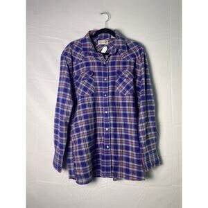 Roebuck Pearl Snap Western Shirt Blue Plaid Button Up Flannel Mens 16-16.5 Large